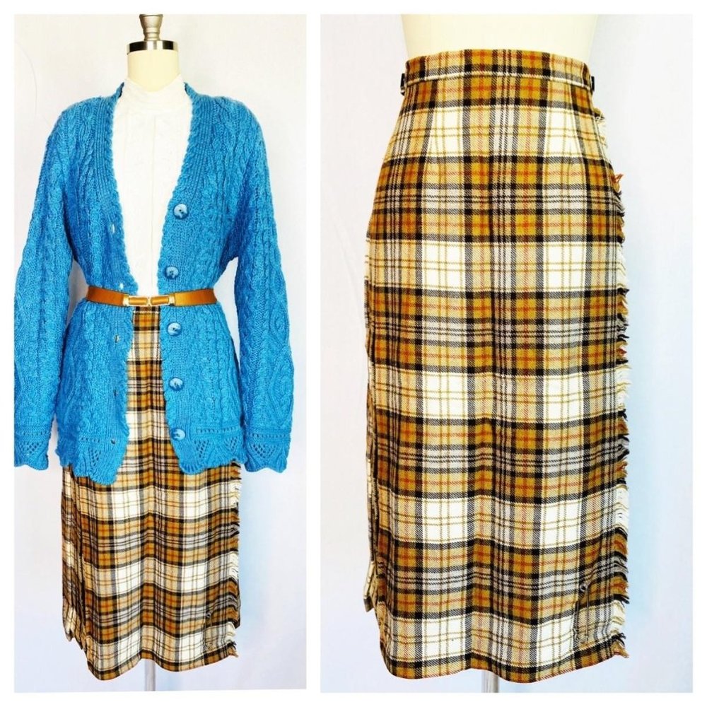 Vintage Plaid Midi Skirt in Mustard, Brown & Cream - Vintage